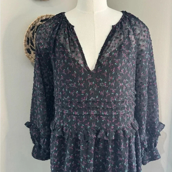 Zara Long Sleeve Black Pink Floral Swiss Dot All Ruffles Babydoll Dress size XS - Picture 4 of 16